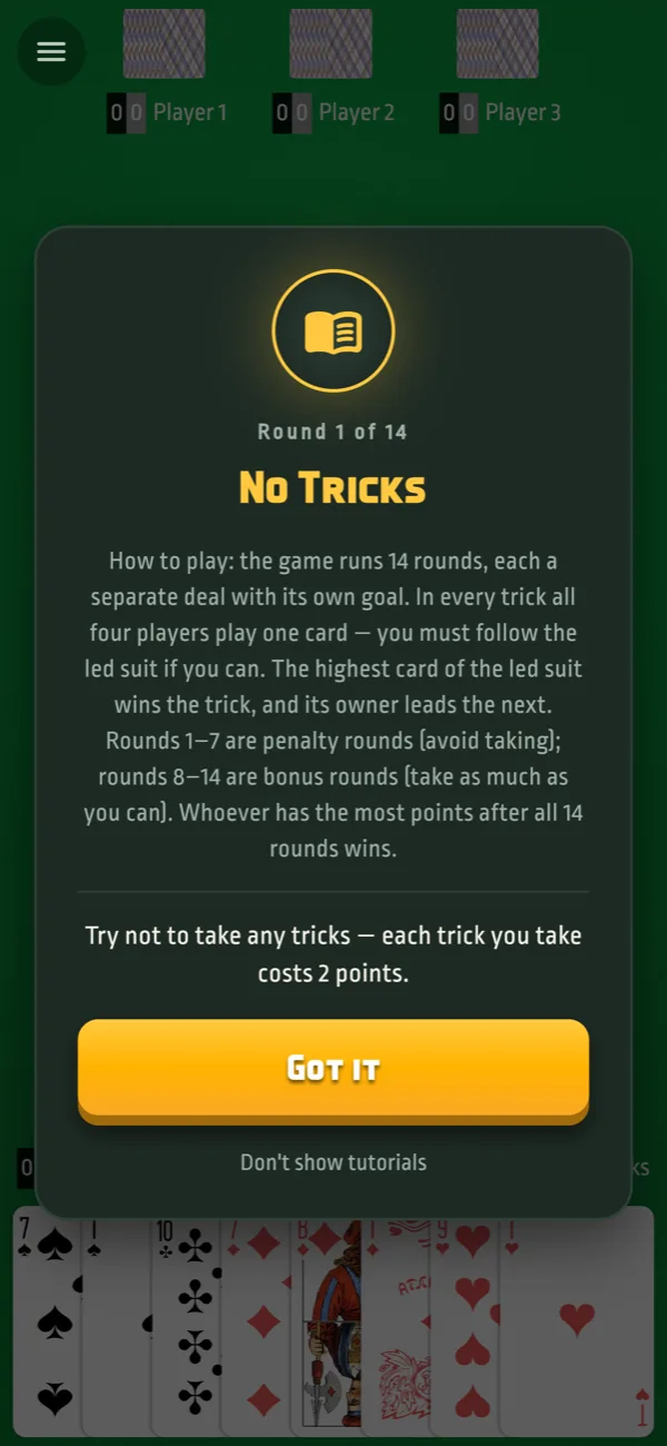 Tutorial explaining round 1, No Tricks