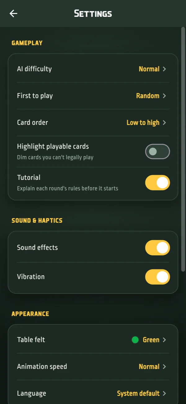 Settings screen